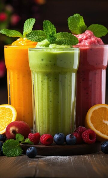 Fresh fruit juice and vegetable smoothie. Oranges, kiwi, tomato. Generative AI